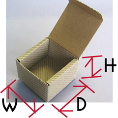 ミニピザBOXのW(長辺)×D（短辺）×H（高さ）の図